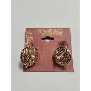 Rosebud Gold-Tone Filigree Earrings with Pearl Accent